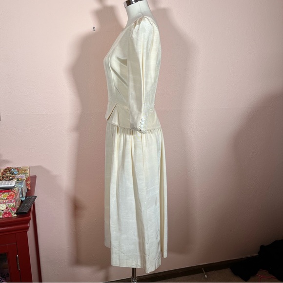 Vintage 80 90 Lanz Cream White Satin Puff sleeve Peplum Victorian Dress wedding - Picture 13 of 17